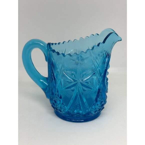 VTG Kemple Glass Yutec Fan & Star Blue Creamer Pitcher Sawtooth Edge MCM - Picture 3 of 8
